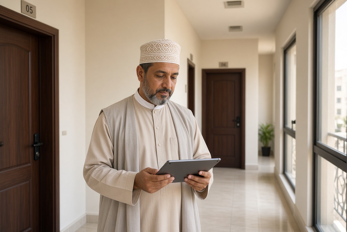 مالك سكن يراجع الطلبات من جهاز لوحي داخل المبنى