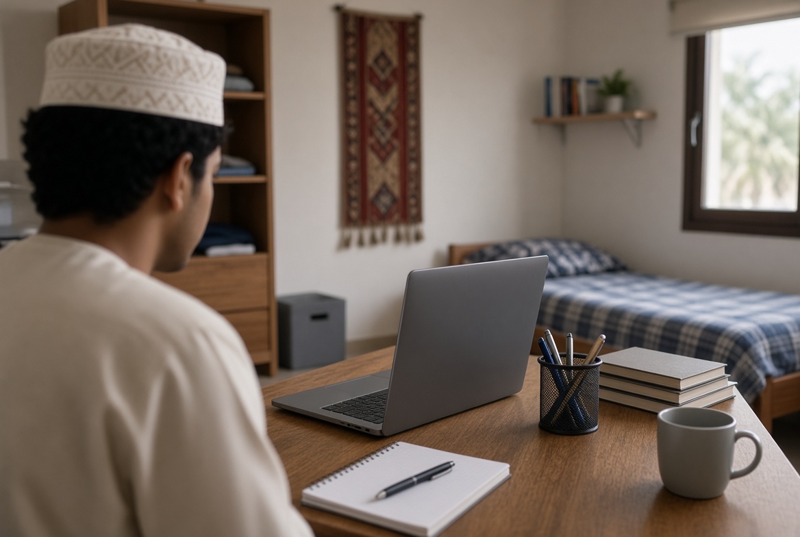 طالب يراجع السكنات المتاحة على حاسوبه